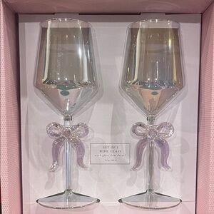 Iridescent Wine Glasses with Pink Bow Stem - Set of 2